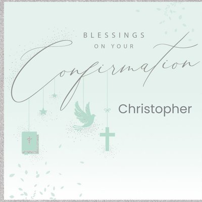 Spot Illustration Of A Dove A Bible A Cross And Stars With Handwritten Typography Confirmation Card