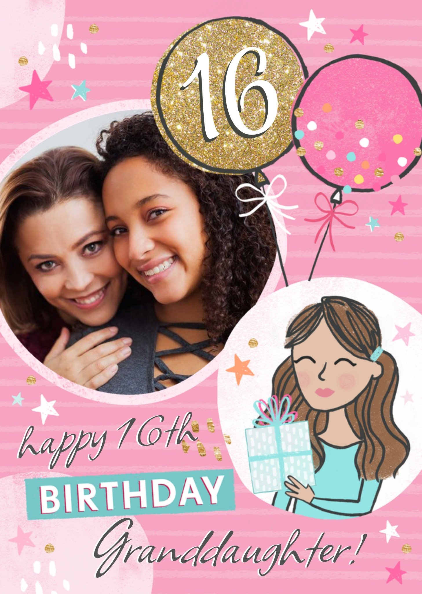 Moonpig Illustration Of A Girl With A Present Granddaughter's Sixteenth Photo Upload Birthday Card