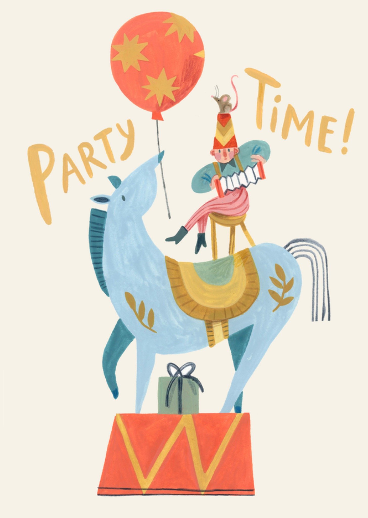Moonpig Party Time Hand Painted Illustrated Horse And Accordion Circus Entertainer Balancing Act Bir