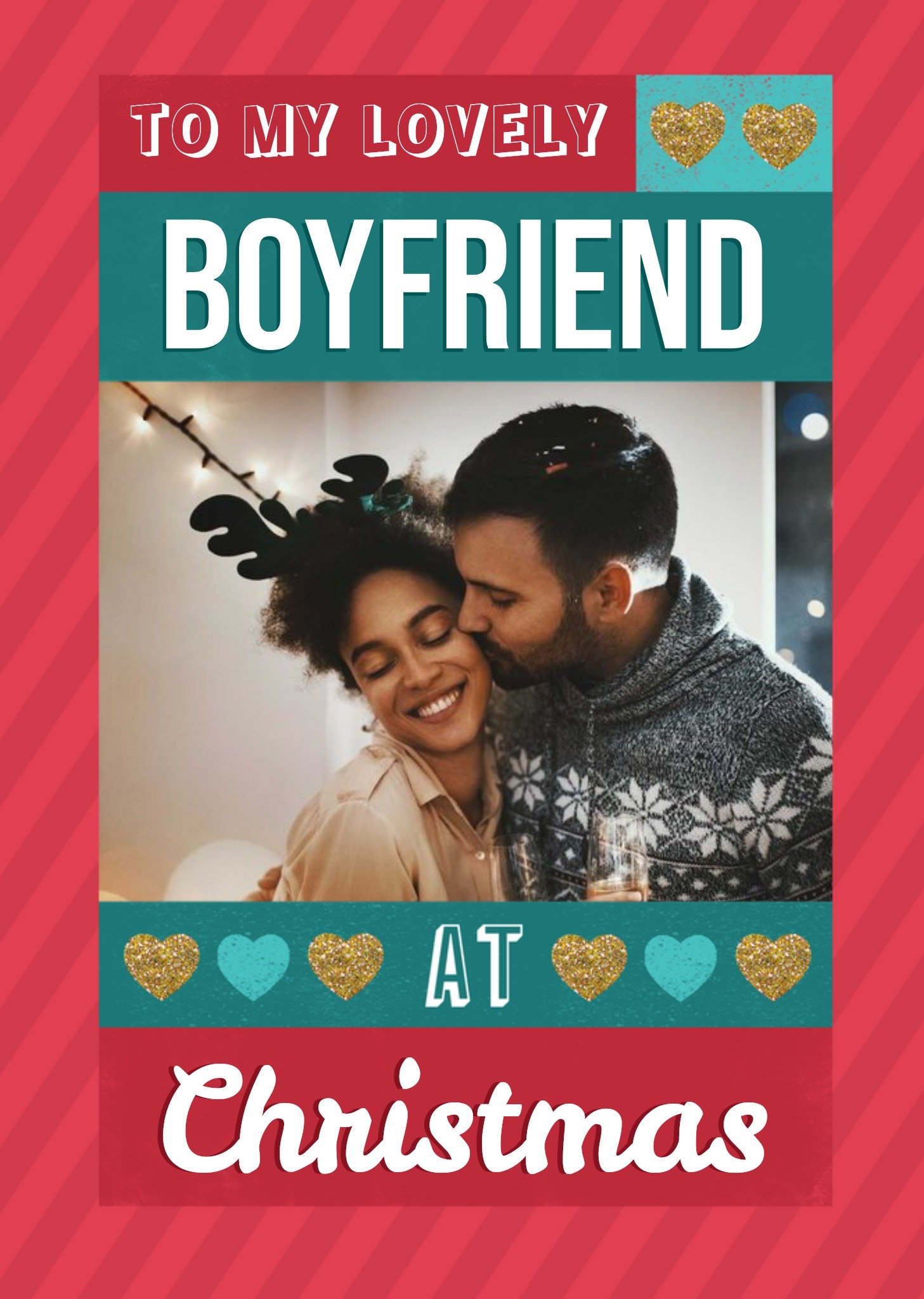 Moonpig Bold Typography With Hearts On A Stripy Red Background Christmas Photo Upload Card