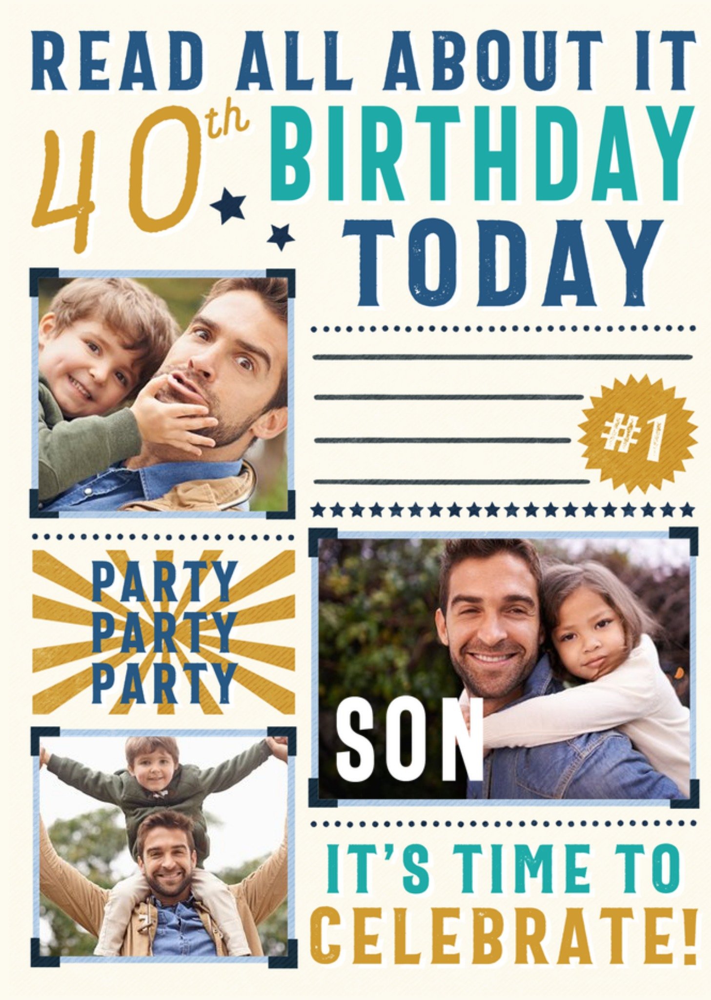 Moonpig Typographic Read All About It Son 40th Birthday Multiple Photo Upload Card