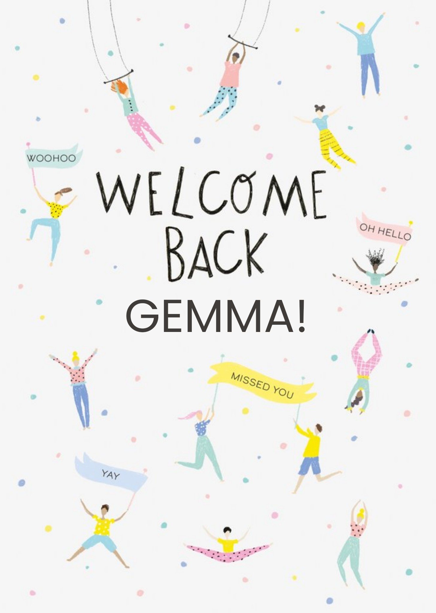 Moonpig Clintons Illustrated Acrobats Confetti Customisable Welcome Back Card