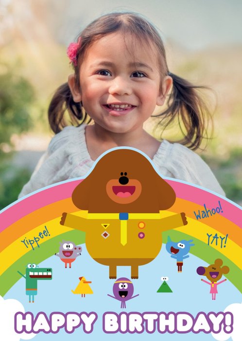 Hey Duggee rainbow kids birthday photo upload card