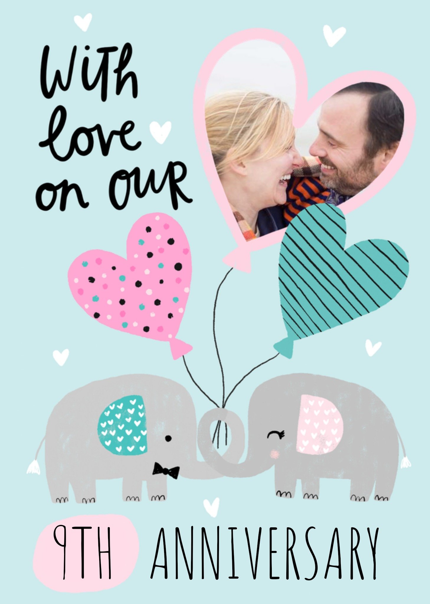 Moonpig Illustration Of Two Elephants With Heart Shaped Balloons Photo Upload Anniversary Card