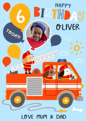 Fire Truck Illustraion Photo Upload Birthday Card