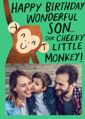 Fun Illustrated Cheeky Monkey Photo Upload Son Birthday Card
