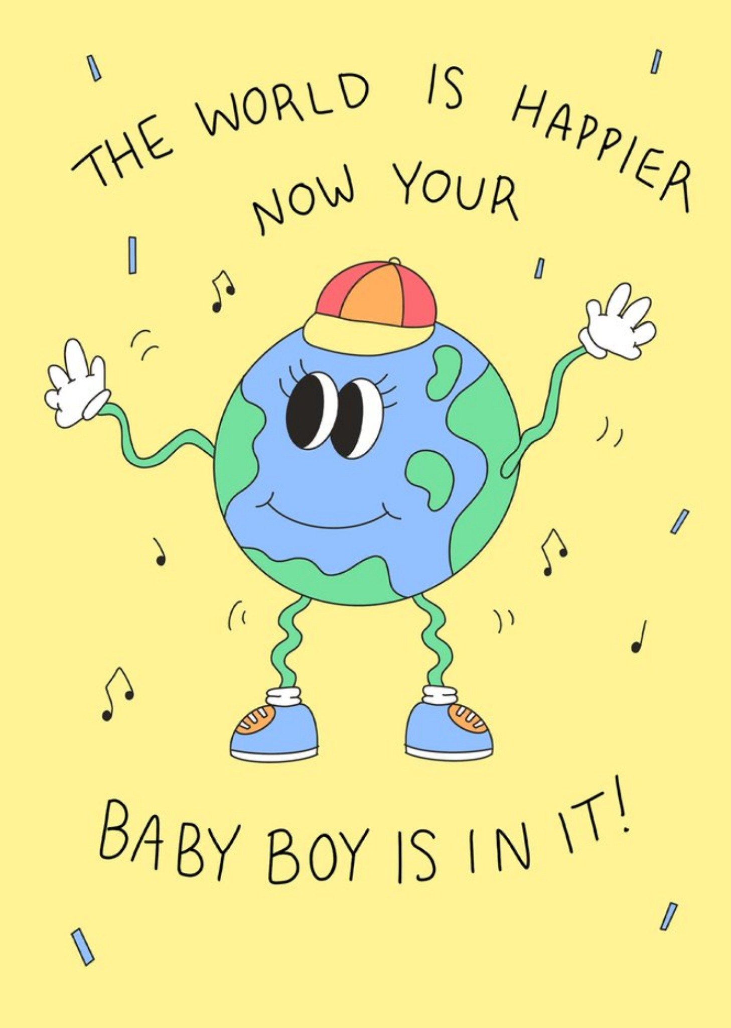 Moonpig Aleisha Earp Illustration Of The World Smiling And Dancing To Music New Baby Boy Card