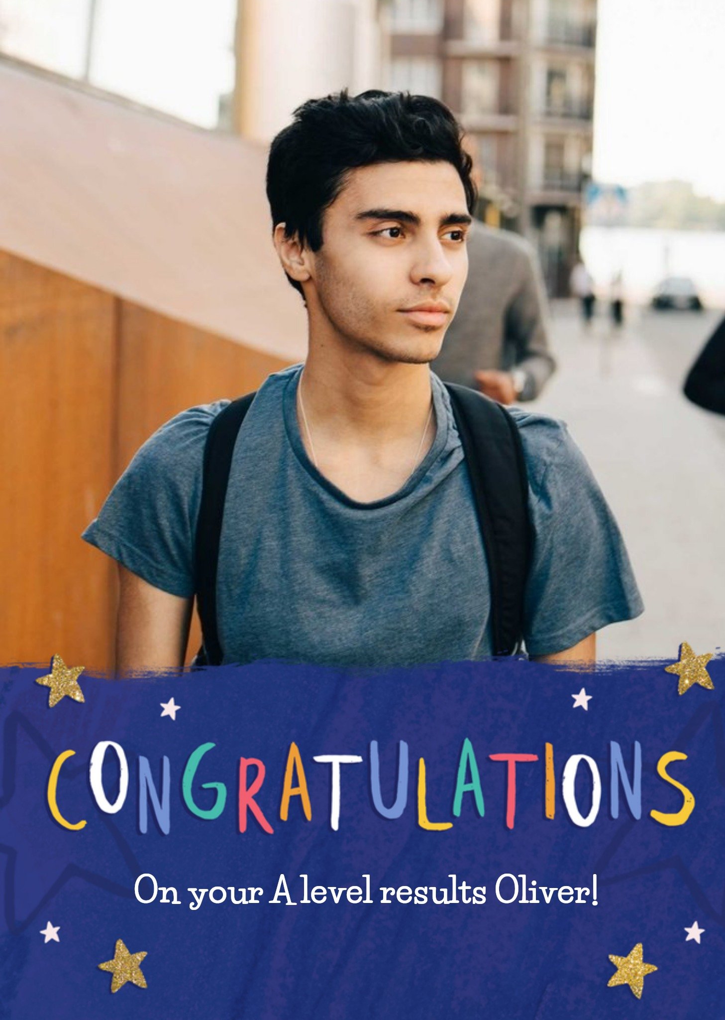 Moonpig Colourful Typography With Stars On A Blue Background Exams Photo Upload Congratulations Card