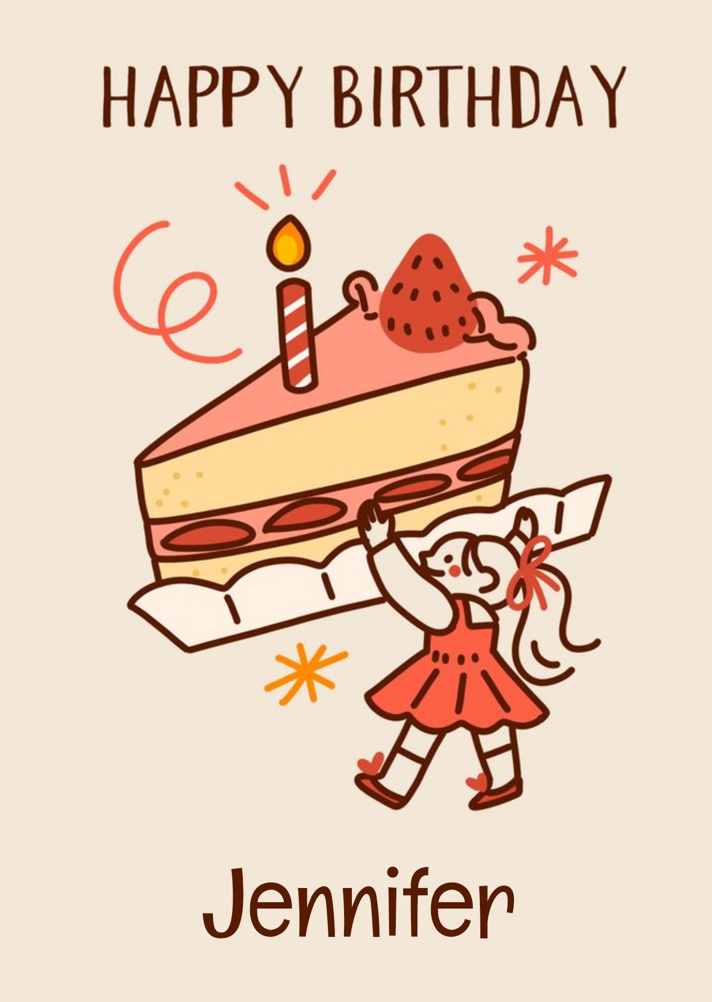 Moonpig Illustrated Girl Holding A Slice Of Cake Card