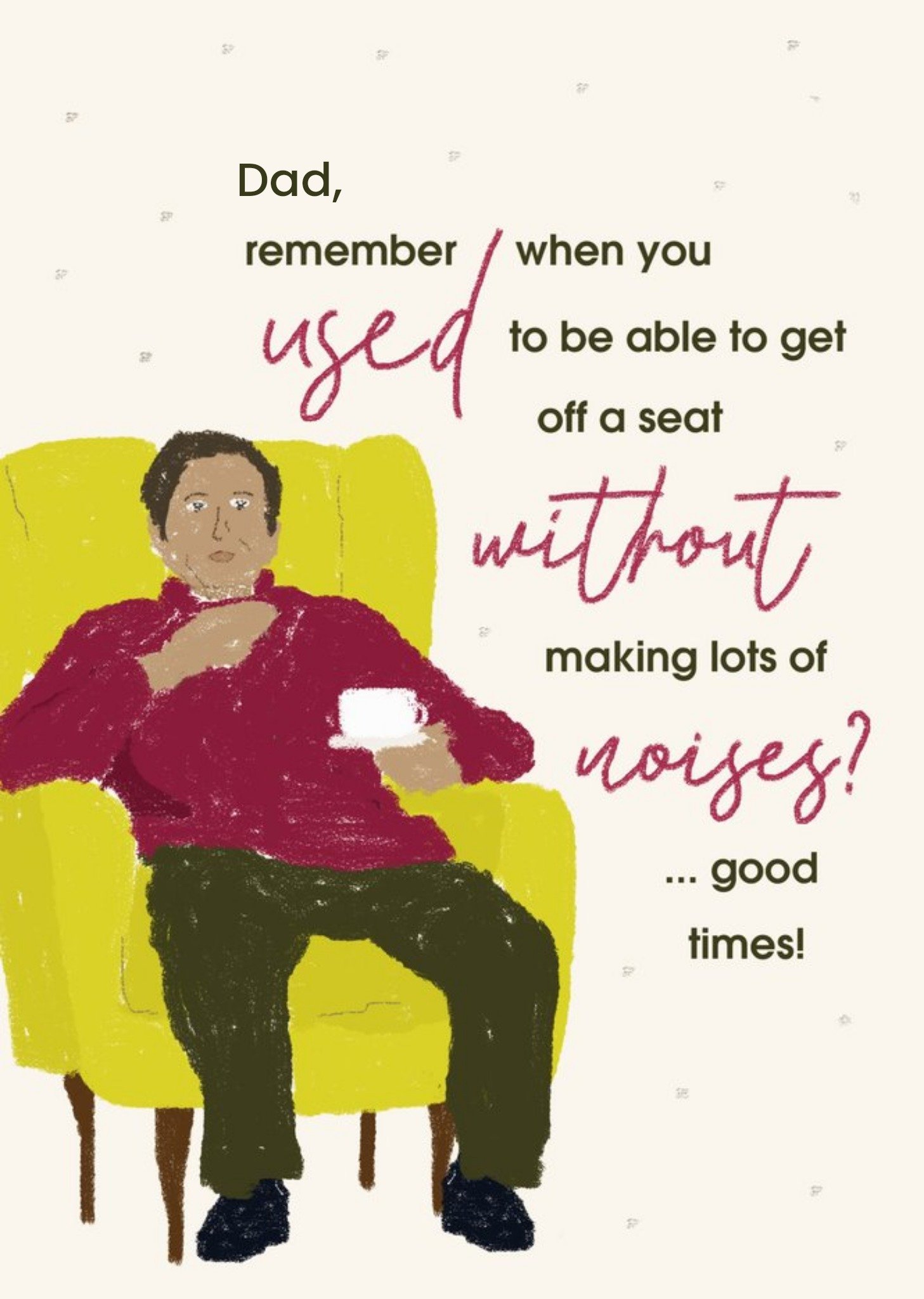 Moonpig Chipper Illustration Of An Old Man Sitting Down Drinking Tea Birthday Card