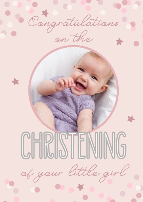 Colourful Confetti Surrounds Circular Photo Upload Baby Girl Christening Card