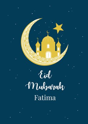 Beautiful Eid Mubarak Illustrated Crescent Moon Mosque Skyline Eid Card
