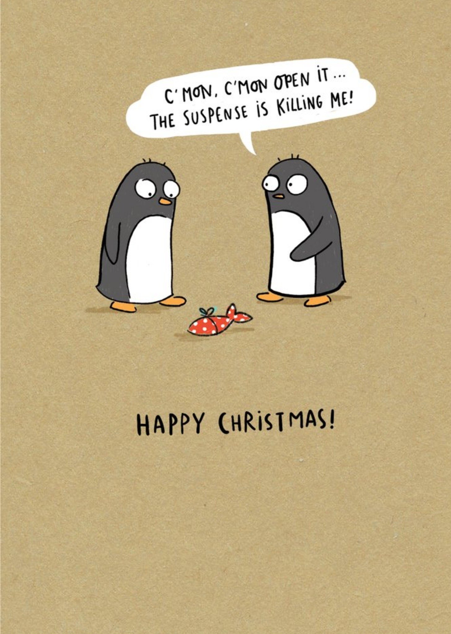 Moonpig Penguins Opening Christmas Present Suspense Happy Christmas Card