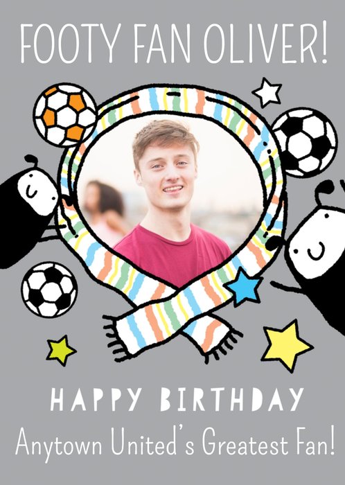 Fun Illustrative Footy fan Photo Upload Birthday Card