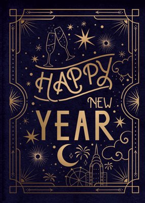 Classy Illustrated Gold Foil Art Deco Style Typography Happy New Year Card