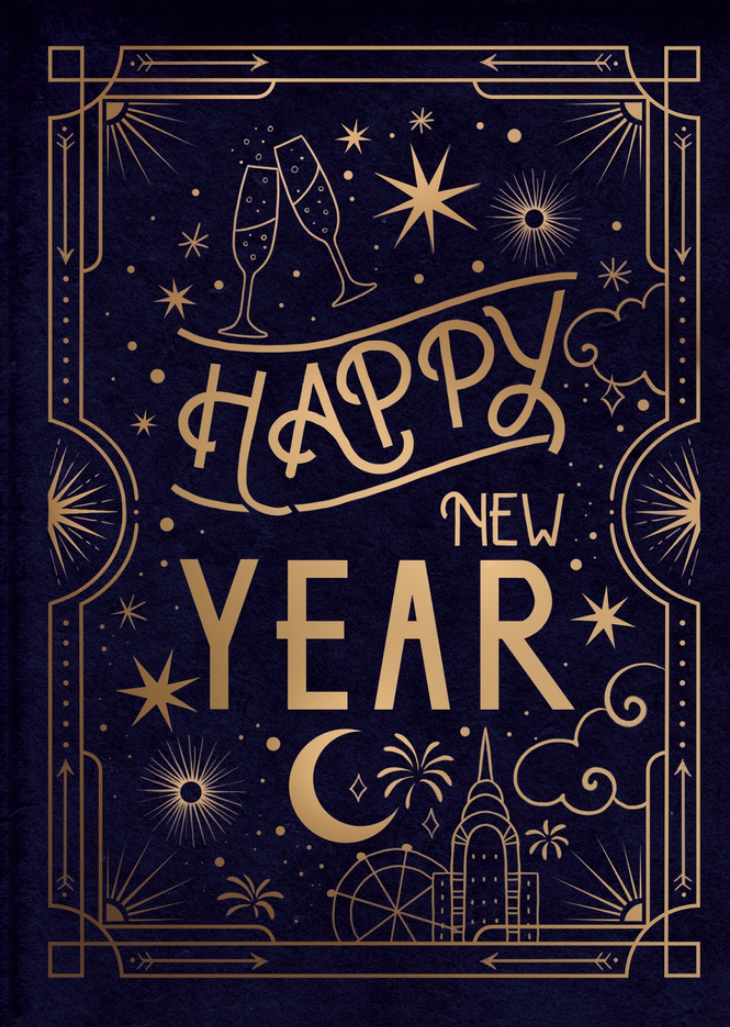 Moonpig Classy Illustrated Gold Foil Art Deco Style Typography Happy New Year Card