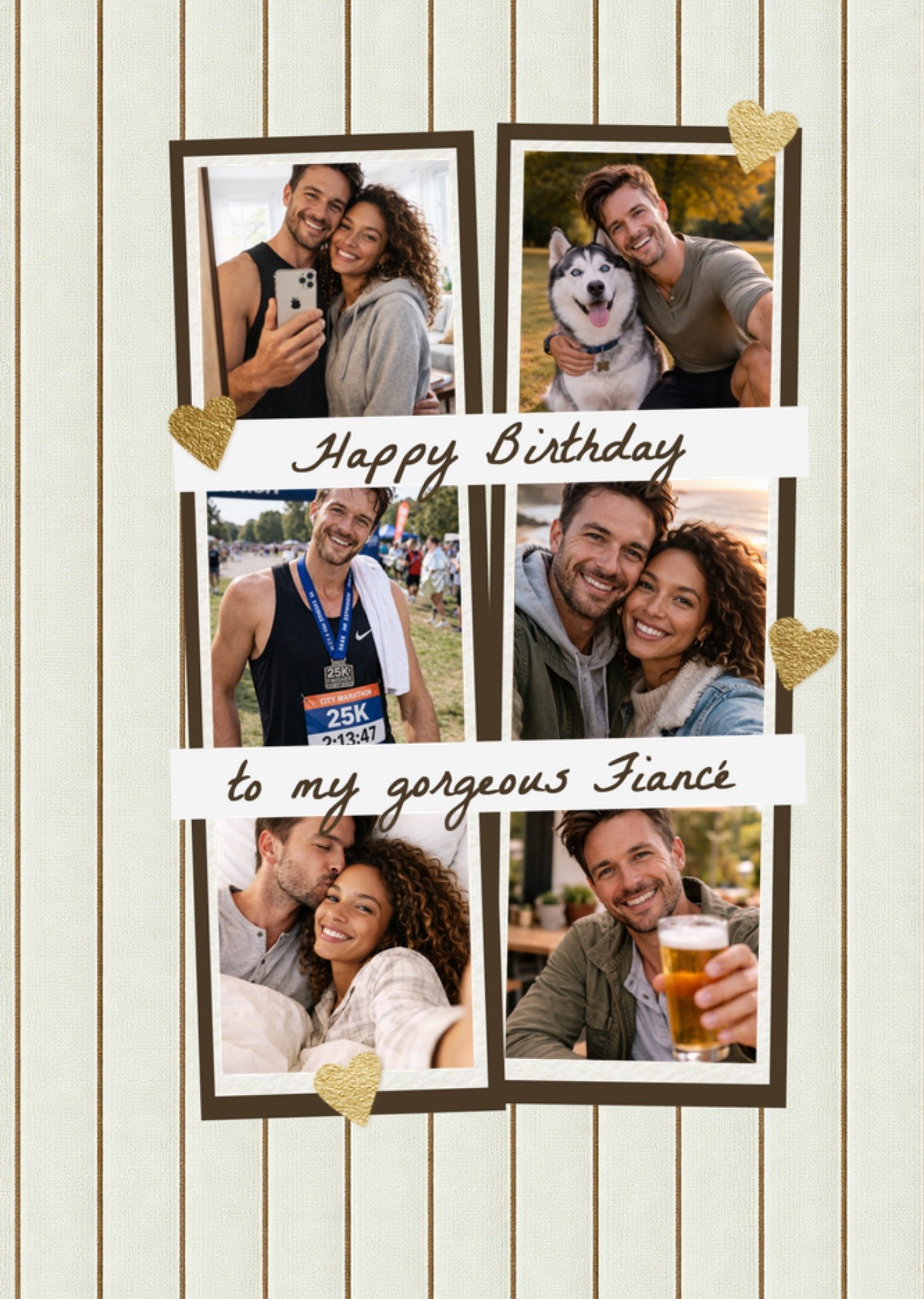 Moonpig Happy Birthday FiancÃ© Gold Hearts And Stripped Photo Collage Card