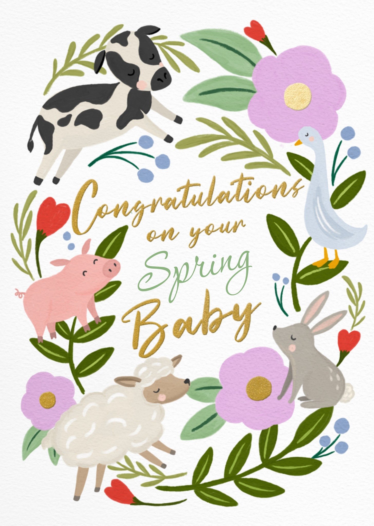 Moonpig Congratulations On Your Spring Baby Illustrated Animals New Baby Card, Large