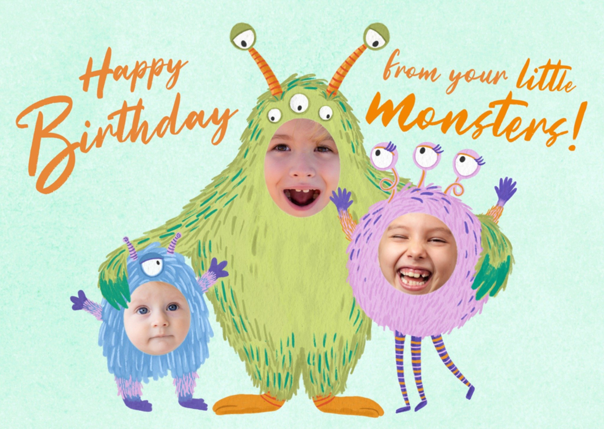 Moonpig Trading Faces Happy Birthday From Your Little Monsters Photo Upload Card Ecard