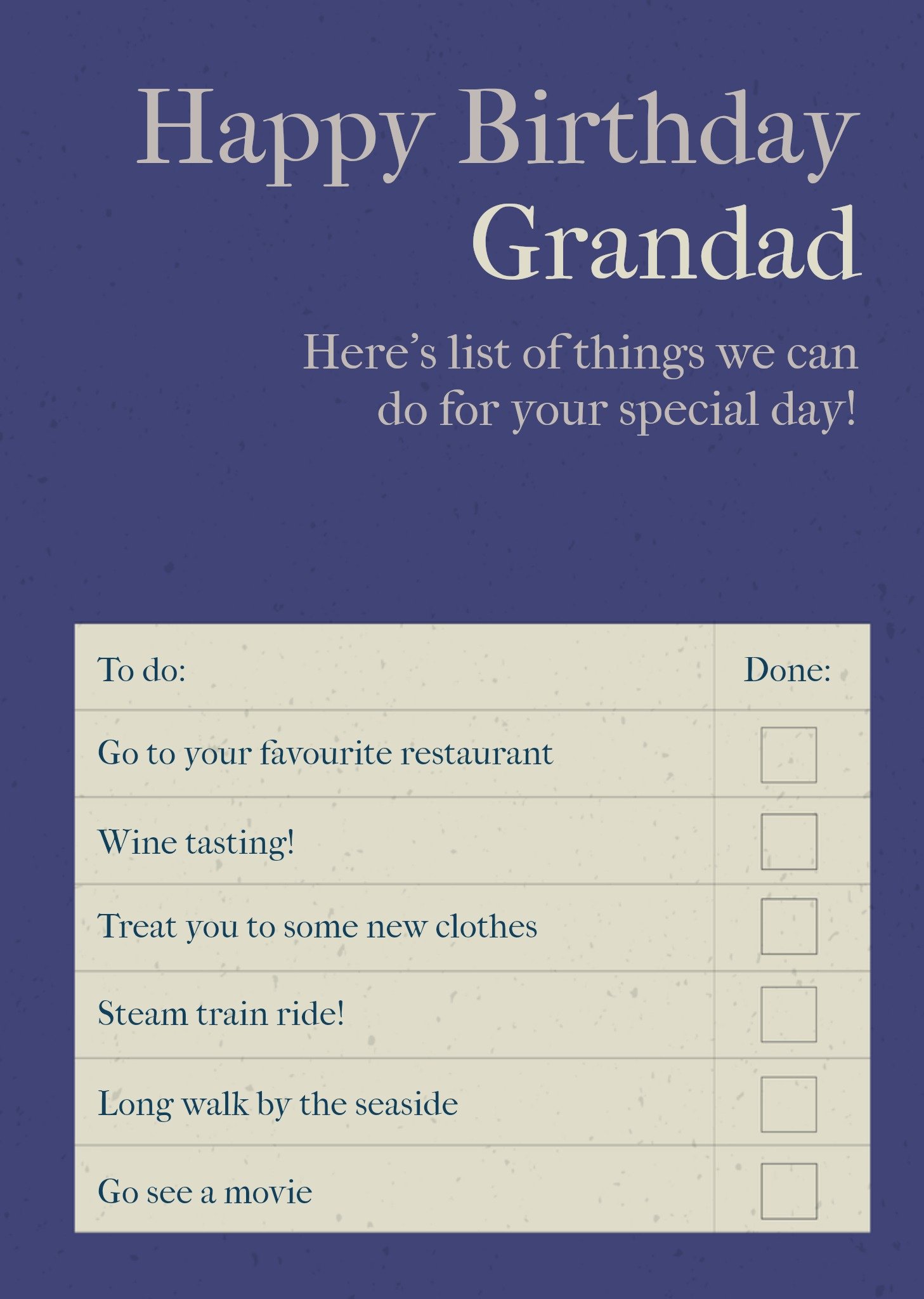 Moonpig Humorous Happy Birthday Grandad To Do Check List Typographic Birthday Card