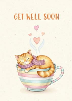 Cute Cat & Teacup Illustrated Get Well Soon Card