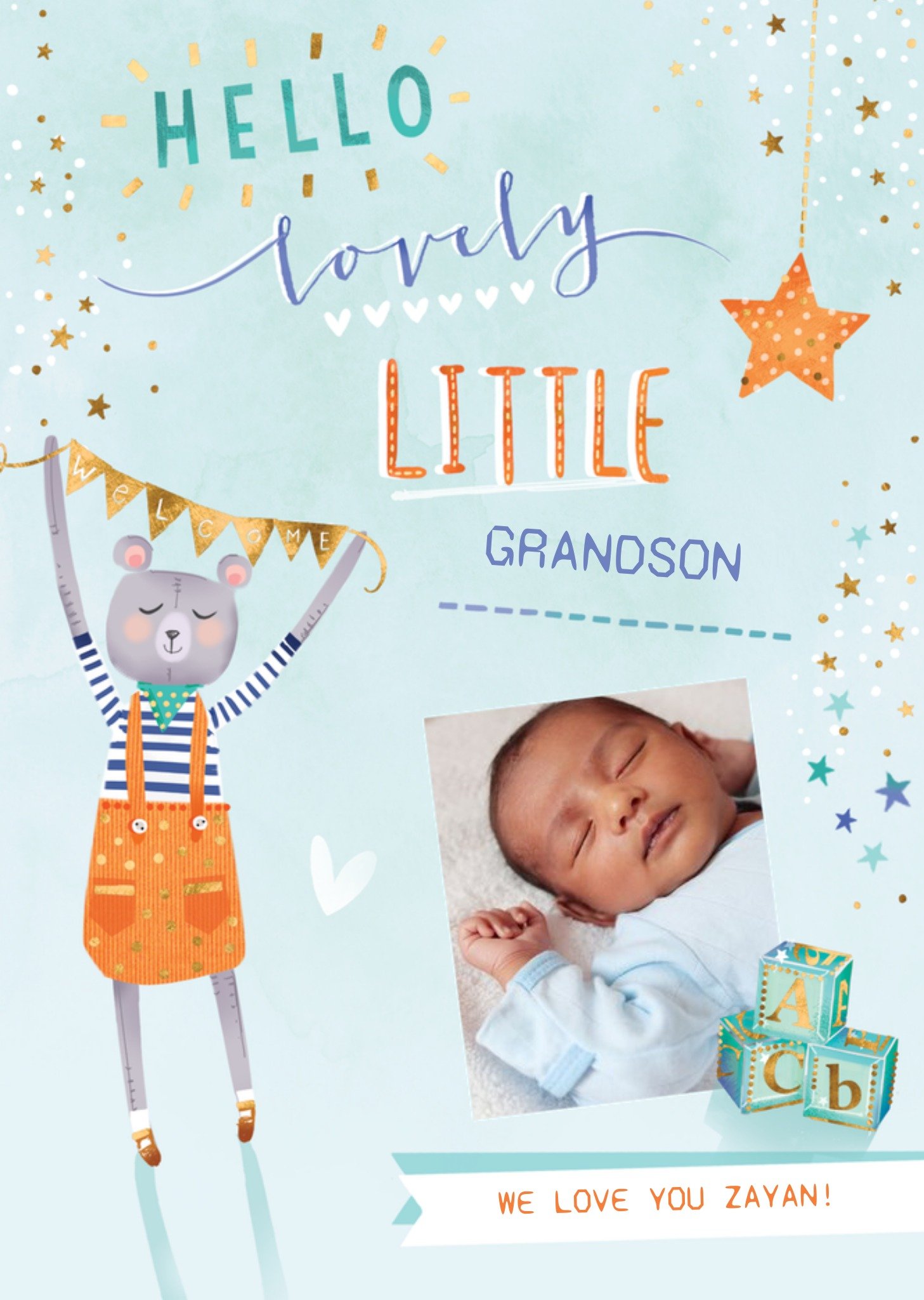 Ling Design Cute Illustration Of A Bear Holding A Bunting Baby Boy Grandson Photo Upload Card