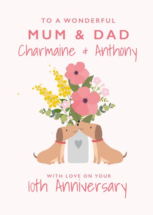 Cute Sausage Dog Floral Mum & Dad Anniversary Card