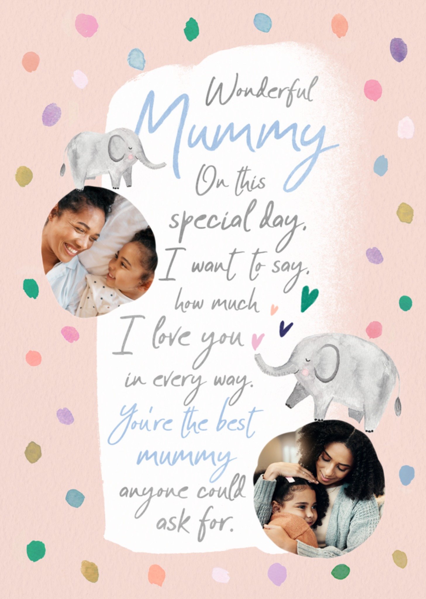 Moonpig Mummy Illustrated Elephant Sentimental Verse And Photo Upload Mother's Day Card