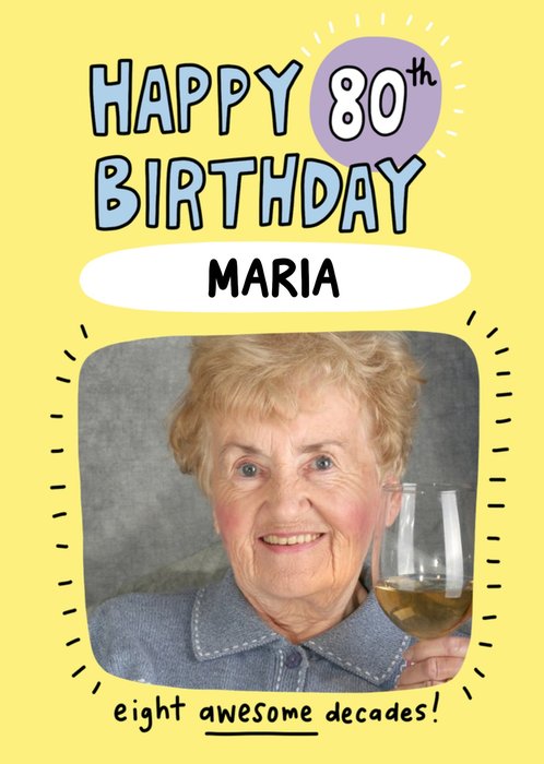 Vibrant Yellow With Fun Typography Eightieth Birthday Photo Upload Card