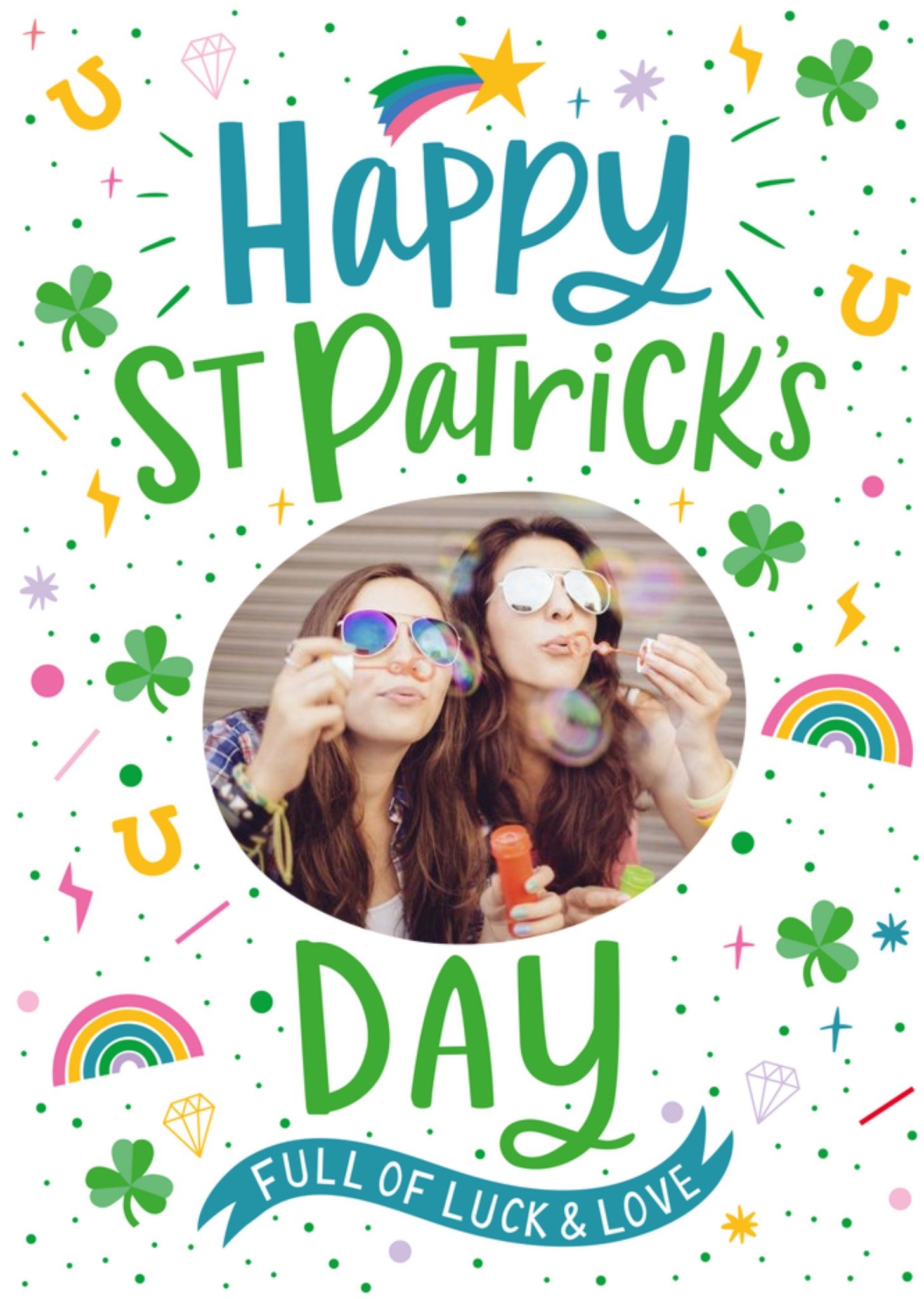 Moonpig Illustration Of Shamrocks Horseshoes And Rainbows Saint Patrick's Day Photo Upload Card