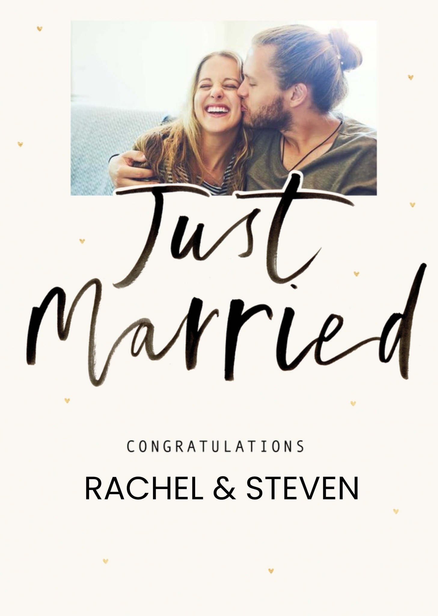 Moonpig Handwritten Typography On A White Background Just Married Photo Upload Card