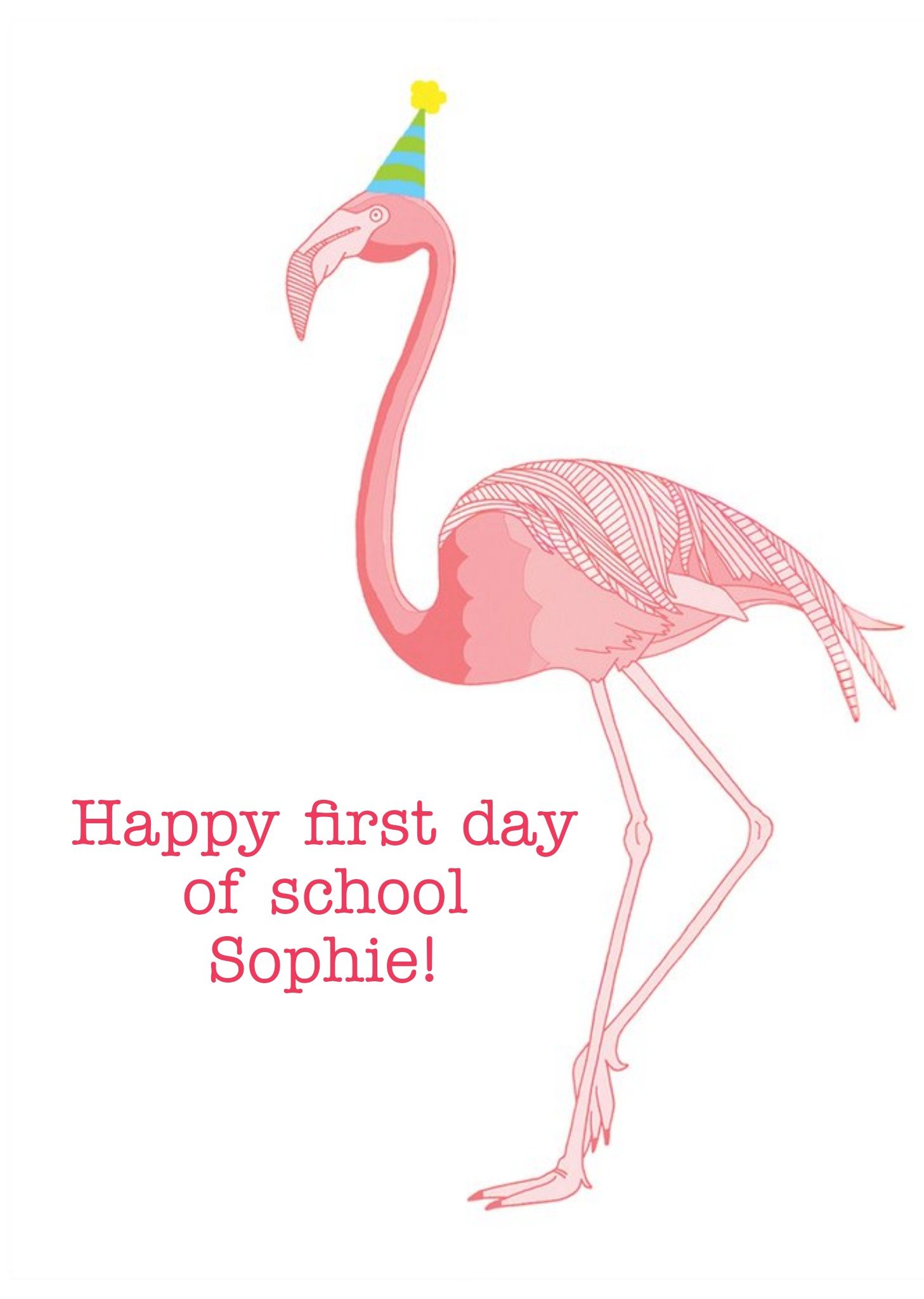 Moonpig Pink Flamingo Illustration First Day Of School Personalise Name Card, Large