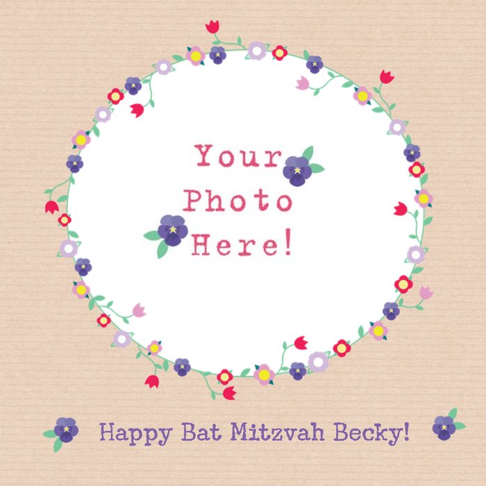 Floral Border Happy Bat Mitzvah Photo Card