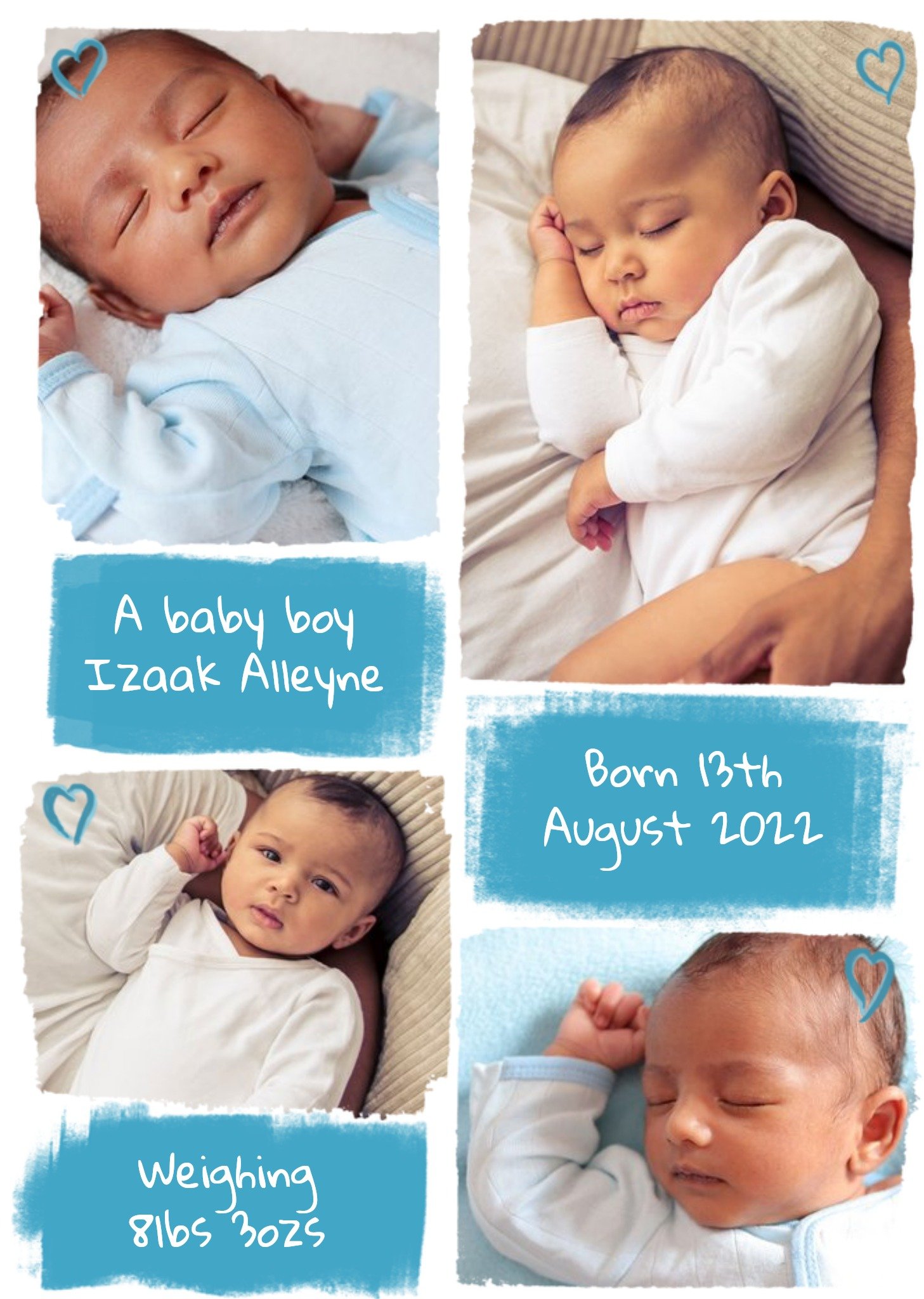 Moonpig Little Hearts Personalised Photo Upload New Baby Boy Card