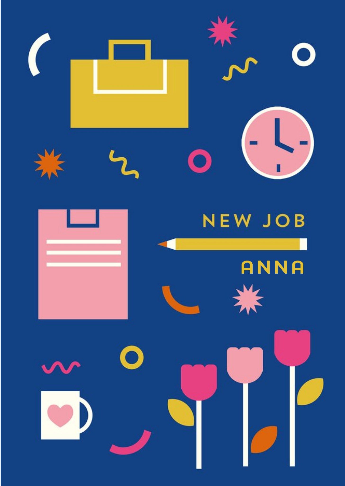 Moonpig Graphic Illustrations Of A Work Bag, Notepad, Pencil, Mug, Clock And Flowers. New Job Card