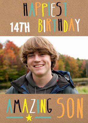 Colourful Typography On Textured Brown Paper Son's Photo Upload Birthday Card