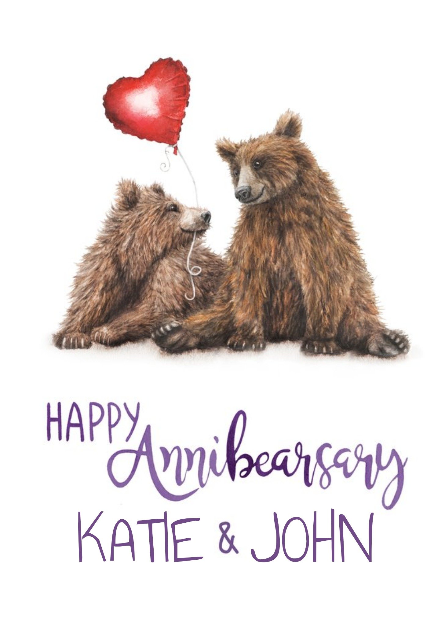 Moonpig Two Bears With Heart Shaped Balloon Illustration Personalised Anniversary Pun Card