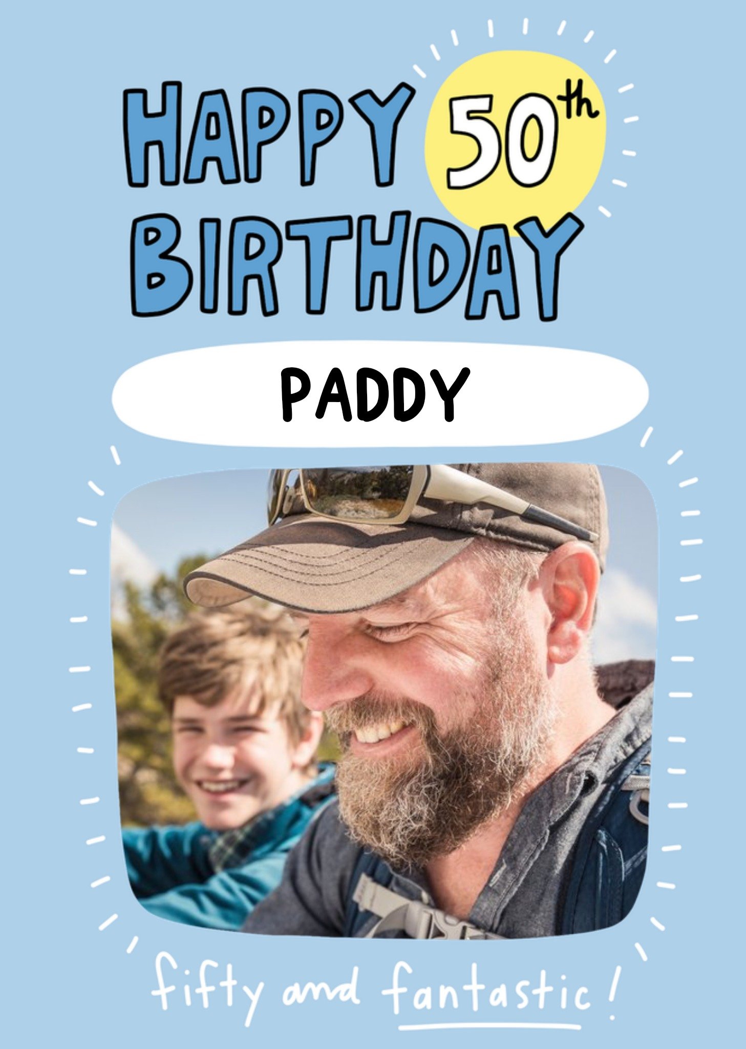 Moonpig Bold And Blue With Fun Typography Fiftieth Birthday Photo Upload Card