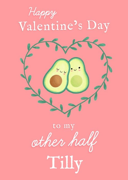 Illustration Of Two Half's Of An Avocado On A Pink Background Valentine's Day Card