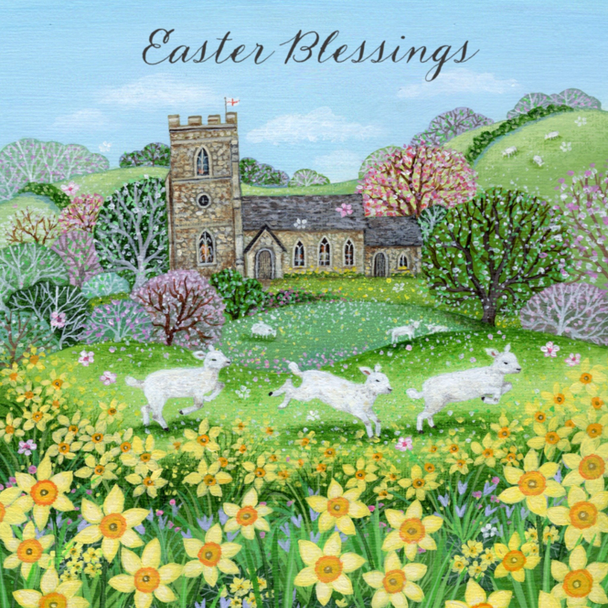Moonpig Paperlink Easter Blessings Lambs Frollicing In A Field Oil Painting Easter Card, Large
