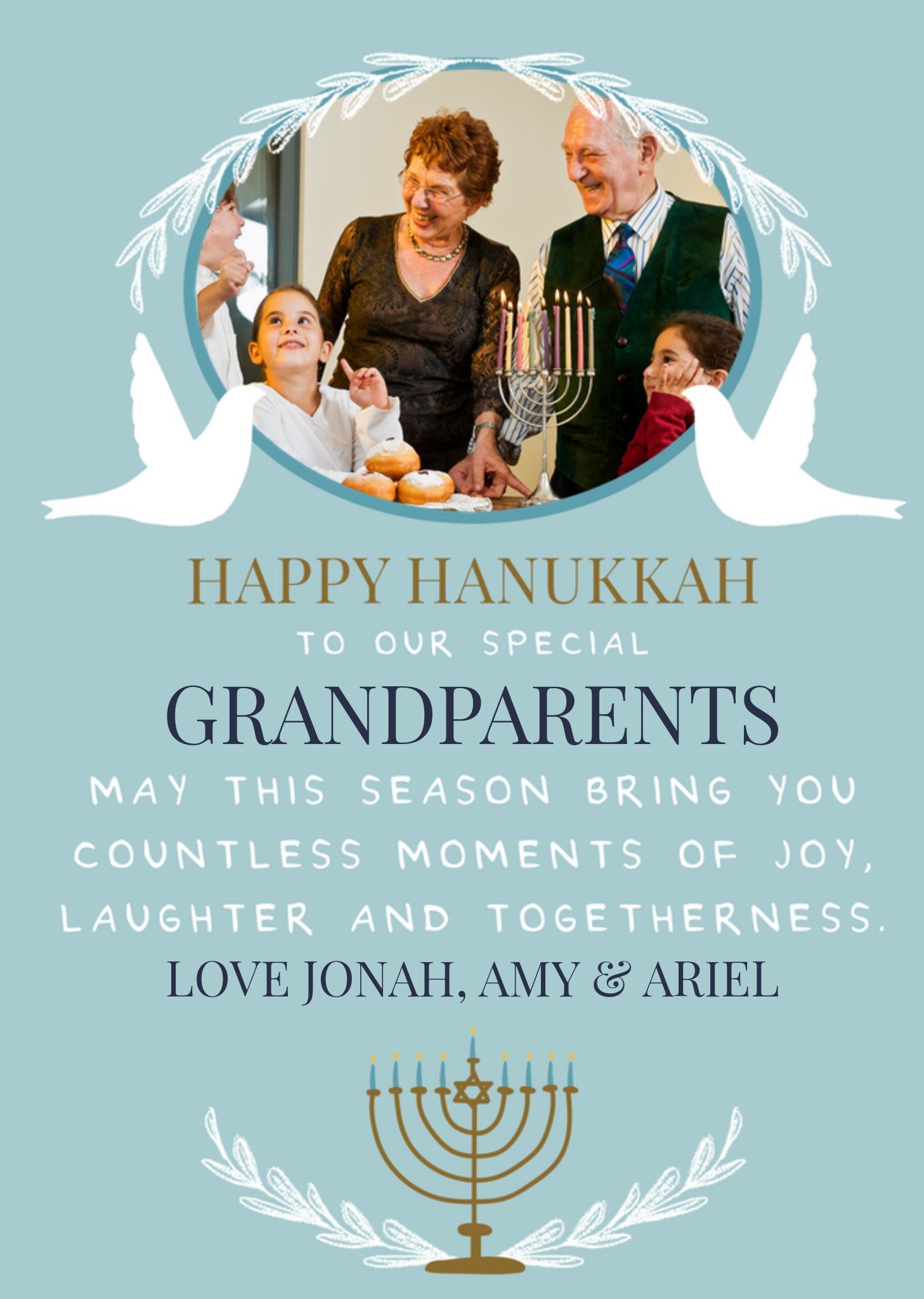 Moonpig Caring Two Doves Menorah Candelabra Grandparents Typography Photo Upload Hanukkah Card