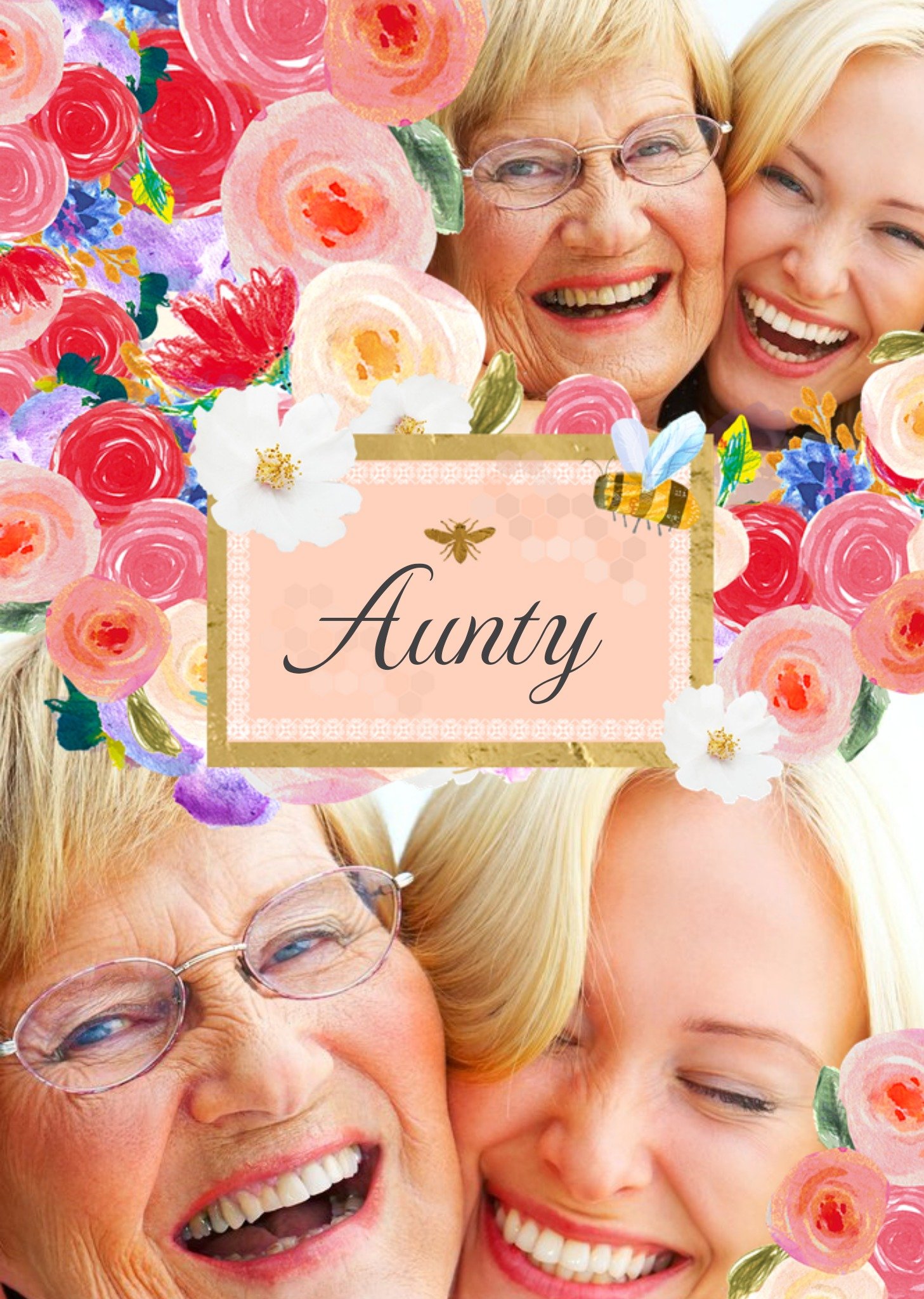 Moonpig Flowers And Bees Personalised Double Photo Upload Happy Birthday Card For Aunt