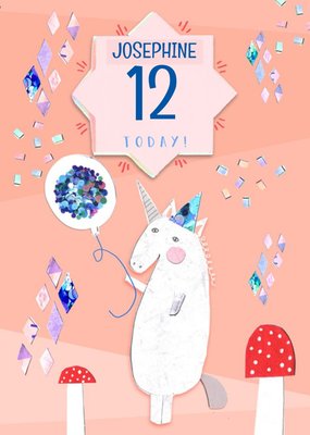 Peach Unicorn And Toadstools Personalised 12th Birthday Card