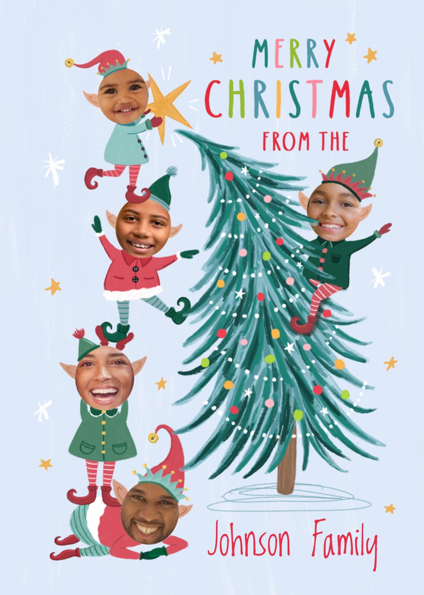 Moonpig 5 Elves Face Photo Upload Christmas Card