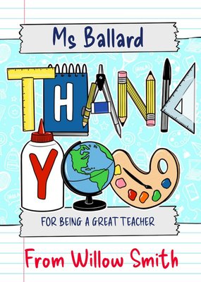 Typography Made Up Of School Equipment Thank You Teacher Card
