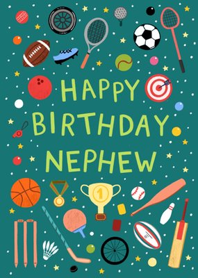 Happy Birthday Nephew Illustrated Sports Equiptment Card