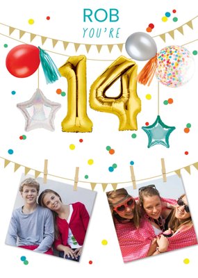 Party Themed Display Of Balloons With Two Photo Uploads Fourteenth Birthday Card