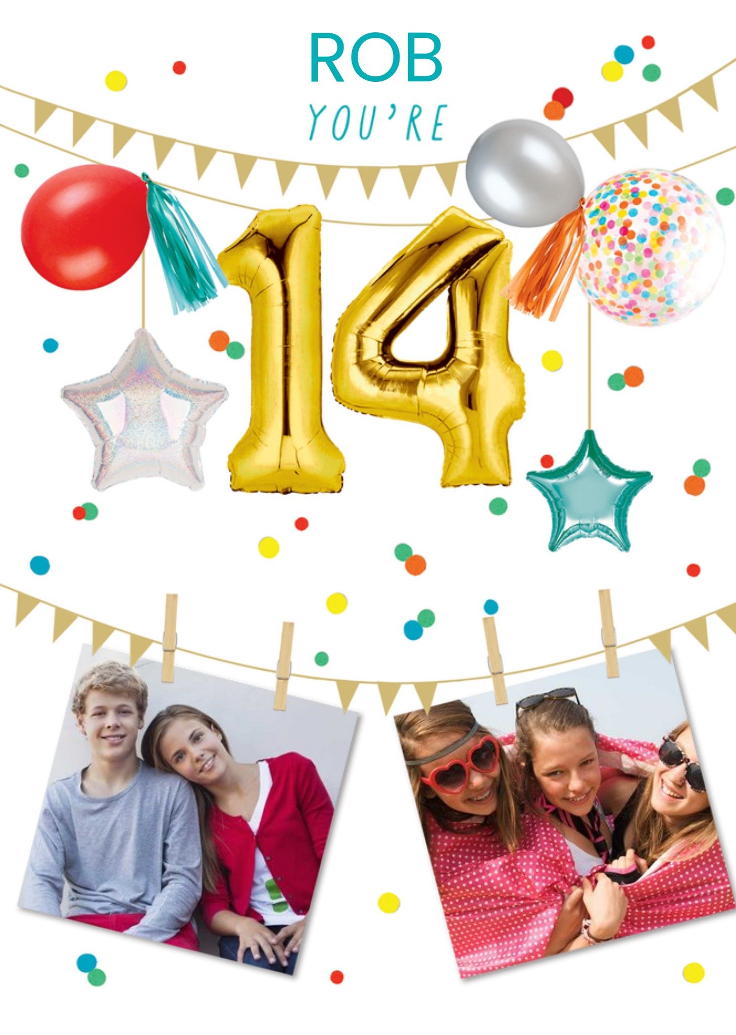 Moonpig Party Themed Display Of Balloons With Two Photo Uploads Fourteenth Birthday Card