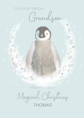 Animal Planet Illustration of Penguin In Snowy Wreath Grandson Christmas Card