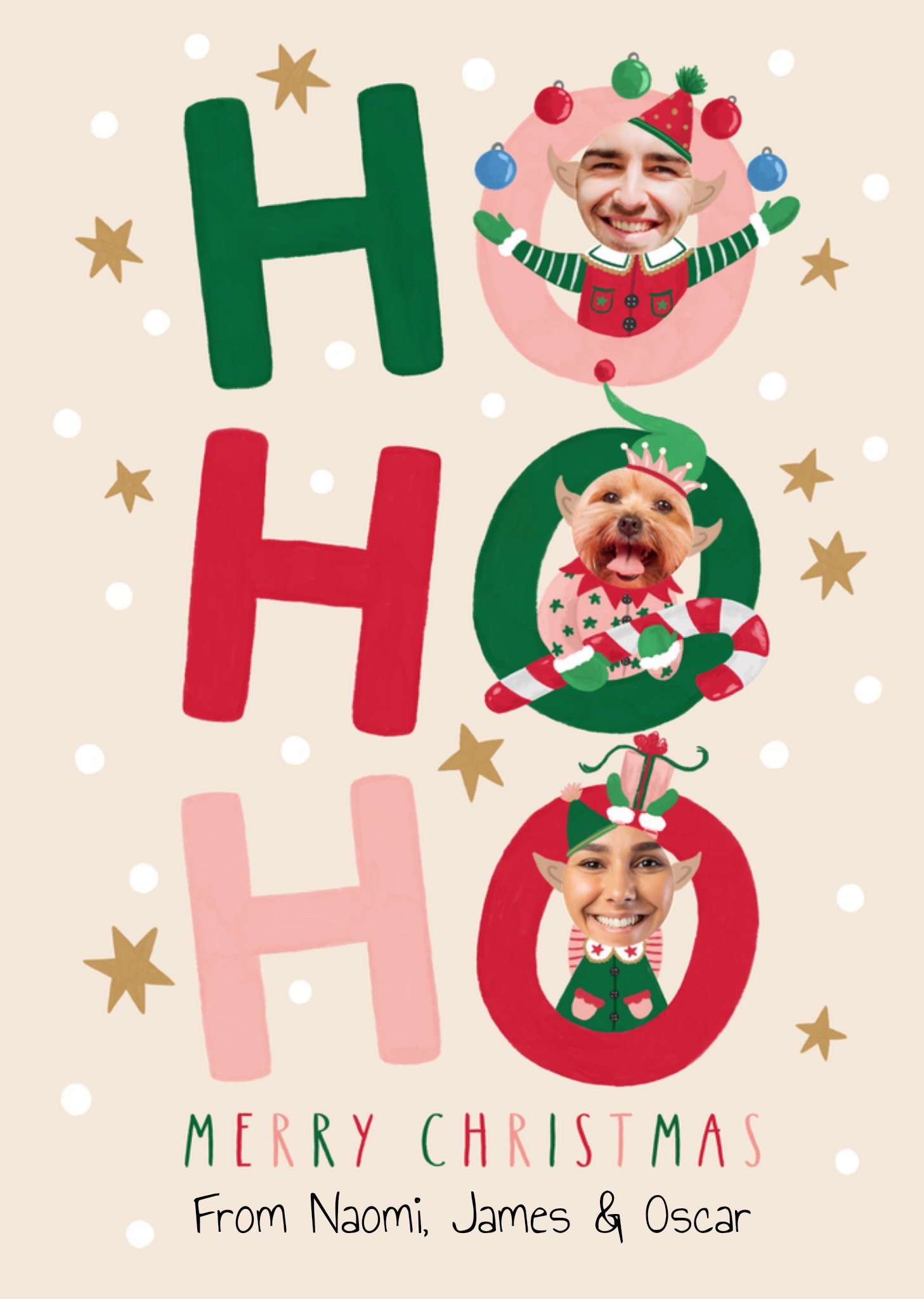 Moonpig Ho Ho Ho Typography Bauble And Candy Cane Photo Upload Christmas Card